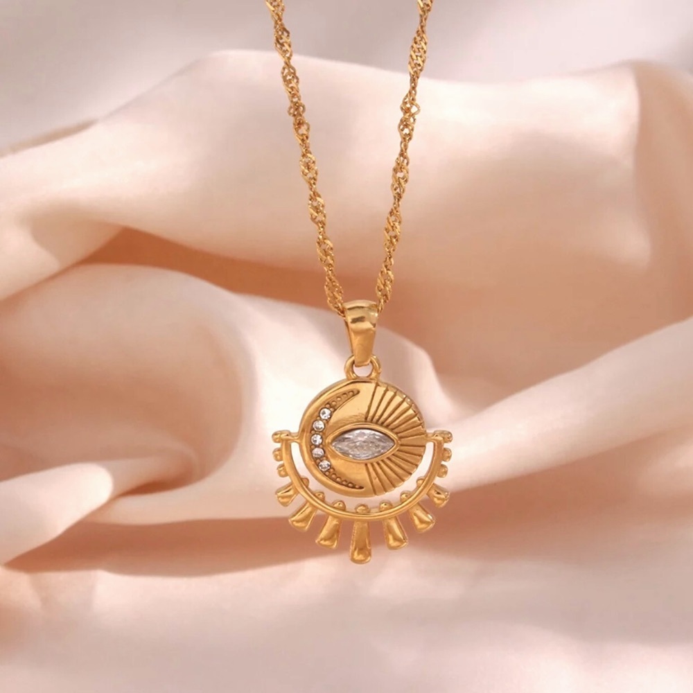 18K Gold Plated Evil Eyes Necklace*Moon Star Astrology Cosmic*Unique Pendant*MJ